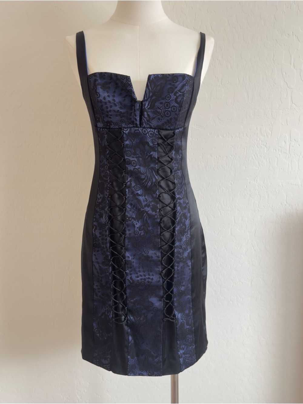 Bebe Y2K Lace Up Black and Purple Mini Dress